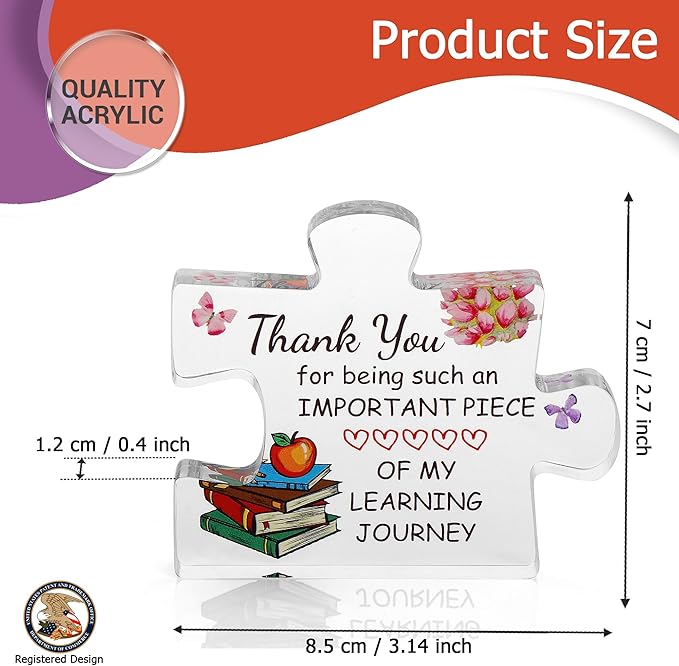 VELENTI Teacher Appreciation Gifts for Women, Men - Thank You Paperweight Acrylic Block Puzzle 3.35 x 2.76 inch - Heartwarming Teacher Gift - Cute Student Teacher Gifts - Novelty Daycare Teacher Gift