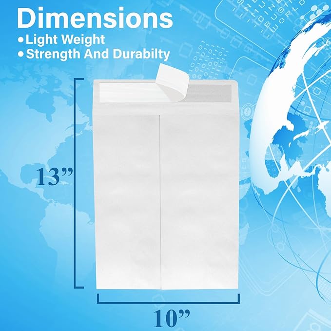 10x13 Envelopes, Tyvek Envelopes, Mailing Envelopes 10x13, Catalog Envelopes, Self Sealing Closure, Tyvek Material, 14 lb., Puncture, Tear & Moisture Resistant, Bulk (50 Pack)