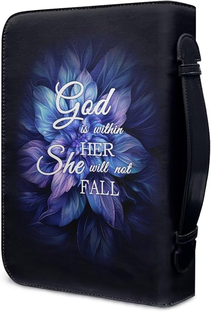 Lotusorchid Boho Lotus Printed Bible Cover for Women, God is within Her, She Will Not Fall, Leather Book Case Church Bible Protective with Handle, Lightweight Bible Carrying Case