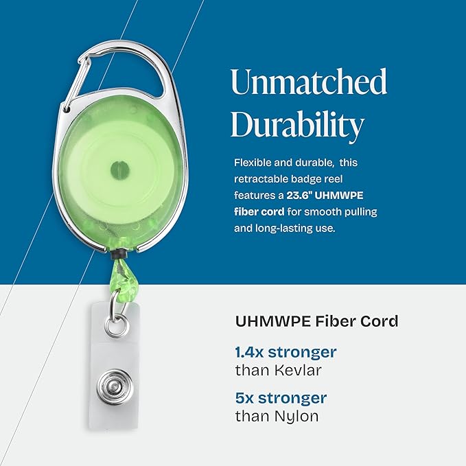 Will Well ID Badge Holders with Clip and Keyring - Horizontal Clear Plastic 3.7" x 2.5" Sleeves Fit Up to 3 Cards - Retractable 24" UHMWPE Fiber Pull Cords - 2-Pack, Transparent Green Reels