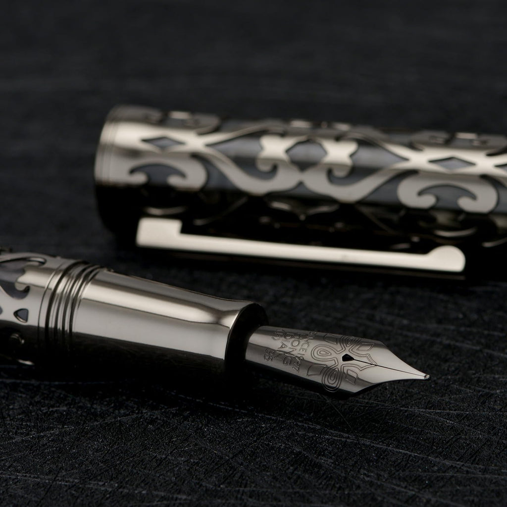Hongdian D1 Piston Fountain Pen Fine Soft Nib, Jet Black Hollow Skeleton & Resin Pen with Metal Case Set