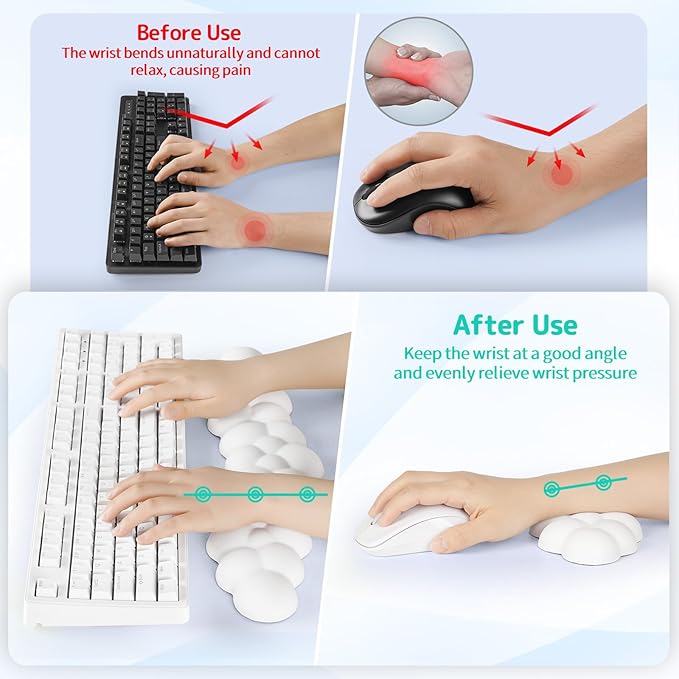 Cloud Wrist Rest Keyboard, Cloud Palm Rest Set with PU Leather Memory Foam, Cute Keyboard Rest for Wrist Support and Arm Rest, Desk Cloud Wrist Pad for PC/Gaming/Hand Cushion/Computer-White