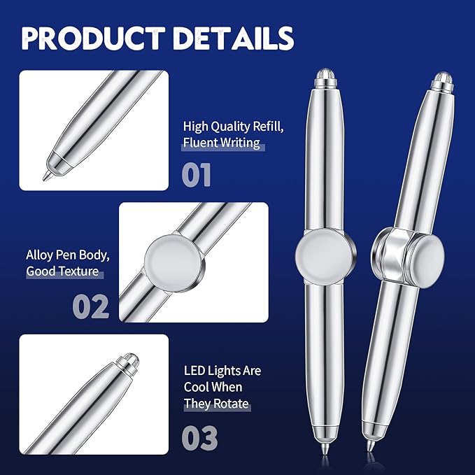 Chinco 2 Pieces Fidget Spinning Pen with LED Light Multi Functional Help Thinking Ballpoint Gift Pen for Adults Students Teenage(White Gold)