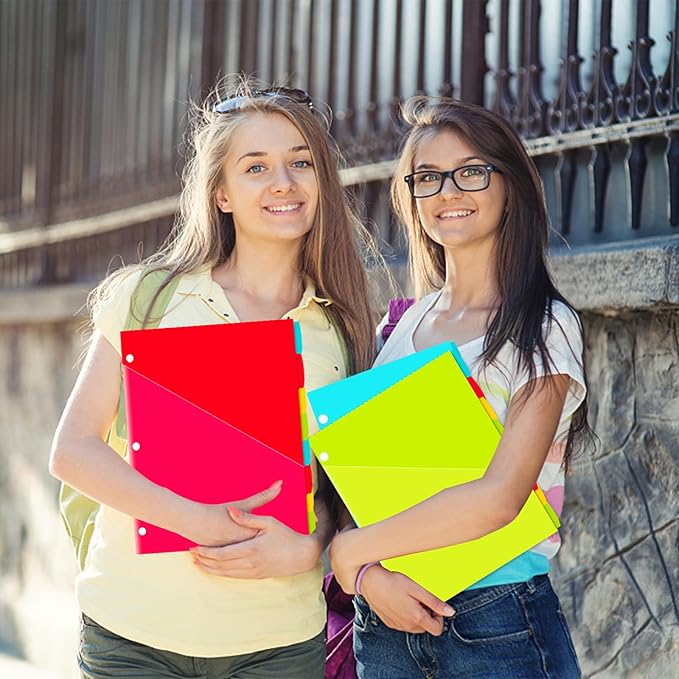 INFUN Plastic 8-Tab Binder Dividers with 2 Clear Pockets - 6 Sets, 48 pcs Multicolor Pocket Dividers with 3 Holes for 3 Ring Binders,Total 48 Tabs