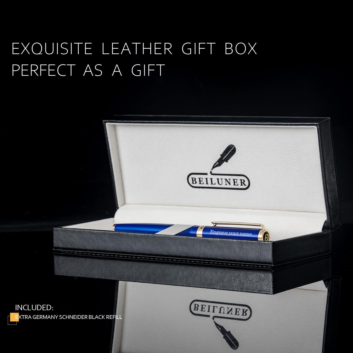 BEILUNER Blue Personalized Pen,Stunning Luxury Lacquer With 24K Gold,Schneider Ink Refills,Multiple Fonts To Custom Rollerball,Gift Pen For Men & Women,Executive,Graduation,Christmas,Nice Fancy Pens