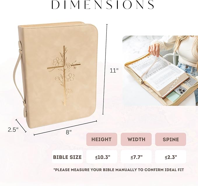 Bible Cover Case for Women - PU Leather Bible Covers for Women –Bible Case for Girls - Minimalist Design Debossed Bible Case, Large Bible Covers for Women – Bible Accessories (Beige/Gold)