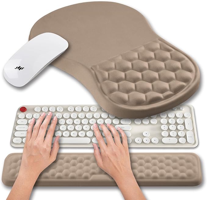 Hokafenle 2 in 1 Ergonomic Mouse Pad Wrist Support & Wrist Rest for Computer Keyboard Set, with Relieve Carpal Tunnel Pain Massage Bulge and Full Memory Gel Design (2In1 Set, Sand Color)