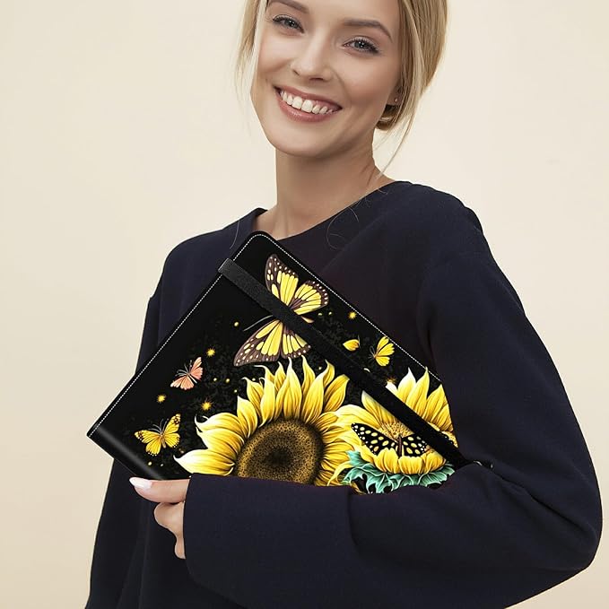 Padfolio Folder with Clipboard,Portfolios Organizer Clipboards with Storage Clipboard Writing Pad PU Leather Conference Document Organizer with Business Card Holder,Sunflower Butterfly