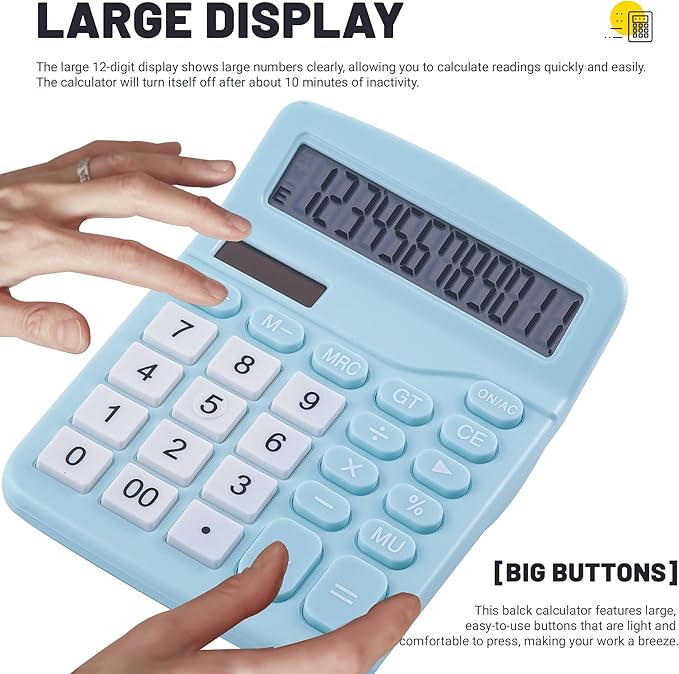 Golcellia Calculators Desktop, Blue Calculator, Cute Calculator 12 Digit Desk Calculator Large Display, Dual Power Solar Battery, Office Home School Supplies for Adults & Students