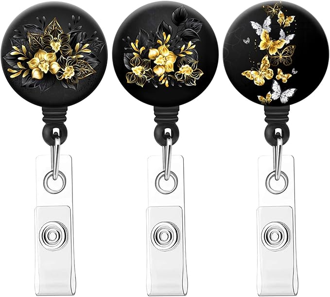 Retractable Badge Reel Clip, Badge Holder with Alligator Clip, Cute Badge Clip on ID Name Card Holders for Nurse Doctor and Office (3Pack Golden Floral)