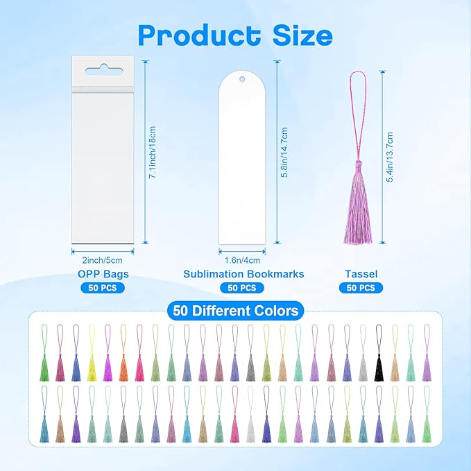 Sublimation Bookmark Blank Double Sided - 50Pcs Metal Bookmark Blanks Bulk + 50 Colors Bookmark Tassels, Bookmark Making Kit, for DIY Bookmarks, Book Lovers, Crafts, Reading Gifts