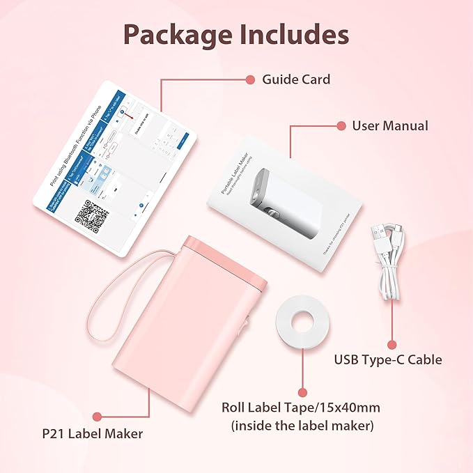 P21 Label Maker Machine with Tape, Label Printer Thermal Mini Label Makers with Built-in Cutter and Multiple Templates, Portable Printers for School, Office and Home Use (Pink), 1Pack