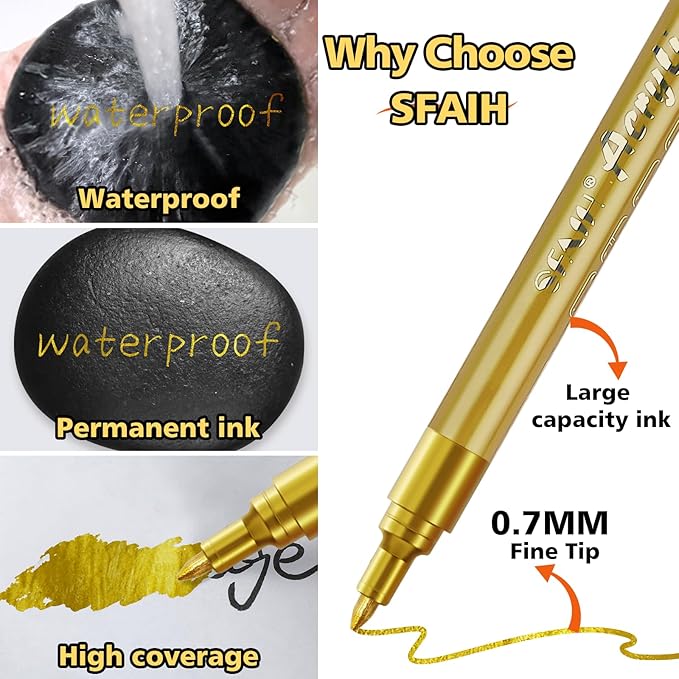 SFAIH Acrylic Gold Paint Pens - 8 Pack 2-3MM Medium Tip & 0.7MM Extra Fine Gold Markers Permanent for Rock, Wood, Metal, Fabric, Plastic, Glass, Ceramic, Diy Crafts, Large Ink Capacity, High Coverage