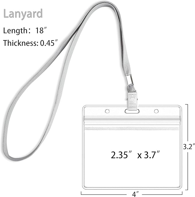 100Pcs Clear Plastic Horizontal Name Tags Badge ID Card Holders and 100Pcs Lanyards with Clip (Grey)
