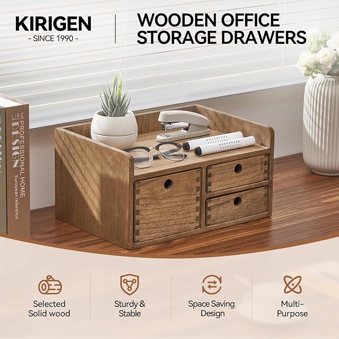 KIRIGEN Desk Organizer with 3 Drawers - Wood Drawer Storage Box with Trays for Tabletop - Workspace Office Toiletries Supplies Tool Caddy - Wooden Storage Cabinet1 Layer Dark Brown（DT1D3C-DBR）