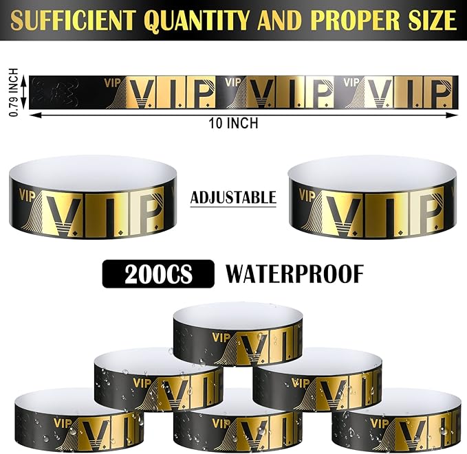 200 Pack VIP Wristbands for Events VIP Bracelets Paper Waterproof Party Wristbands for Events Amusement Parks Concerts Fairs Festivals, 0.79 x 10 Inch(Gold)
