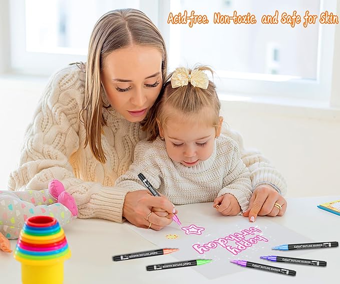 Caliart Easter Basket Stuffers, 12-Color Shimmer Double-Line Drawing Doodle Outline Markers, Teen Girl Gifts Trendy Stuff, Glitter Pens Set Classroom Art Supplies for 4-6-8-10-12 Year Old