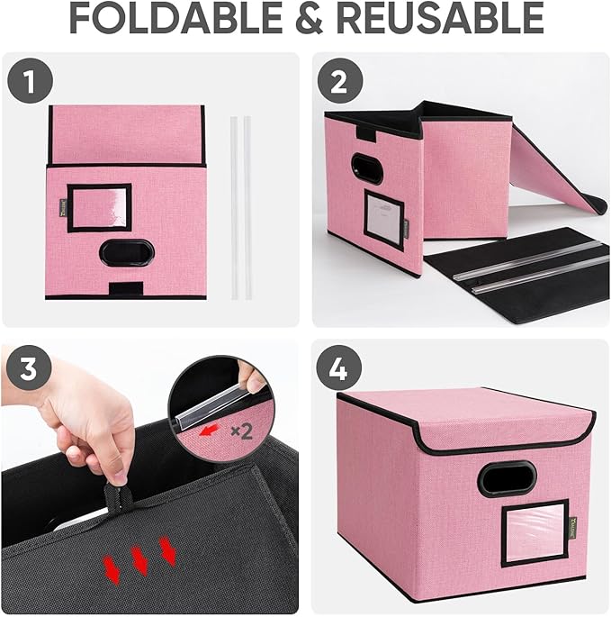 BALEINE File Organizer Box with Lid, Collapsible File Folder Organizer with Plastic Slide, Hanging File Folder Box for Office Document Storage (1 Pack, Pink)