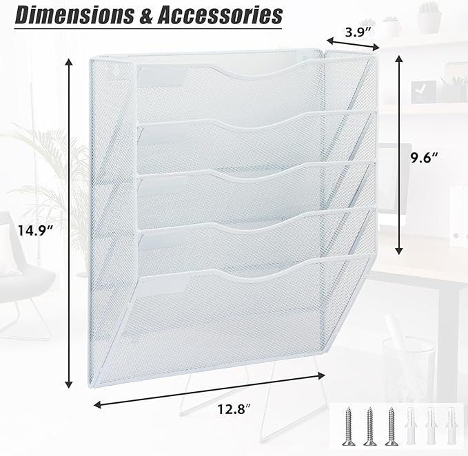EASEPRES 5 Pocket Mesh Hanging Wall File Organizer, Wall Mounted Mail Paper Document Folder Holder, Clipboard Storage Organization Magazine Rack with Nametag Label for Office Home School, White