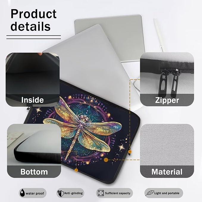 Dragonfly Printed Computer Bags for Laptops for Women, Large Capacity Computer Carrying Cover Laptop Briefcase, 12 Inch Water Resistant Laptop Case Portable Computer Case Bag