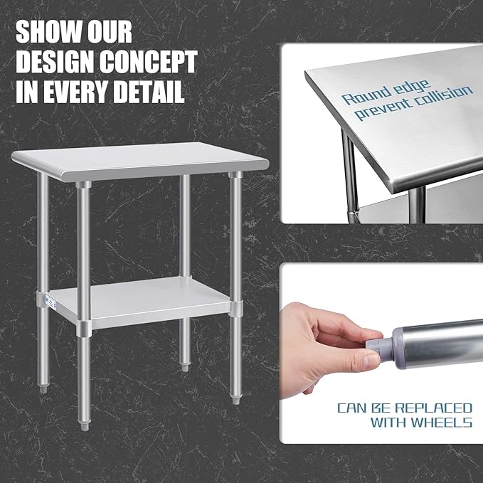 Hally Stainless Steel Table for Prep & Work 30 x 18 Inches, NSF Commercial Heavy Duty Table with Undershelf and Galvanized Legs for Restaurant, Home and Hotel