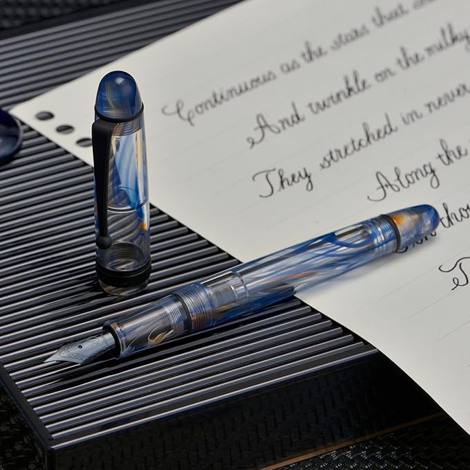 Asvine V126 Vacuum Filling Fountain Pen Matte Black Fine Point, Blue Swirl Acrylic Pen Gift Case