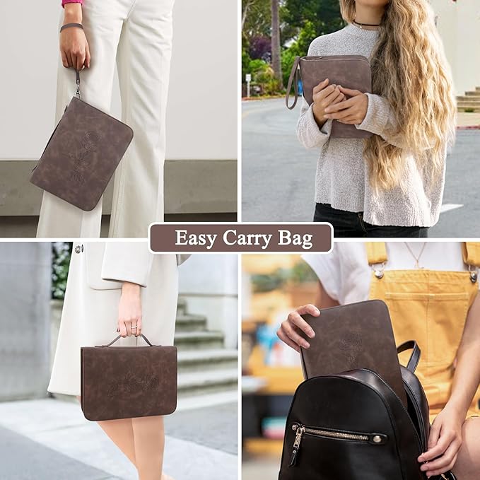 Bible Covers for Women & Men, Leather Bible Case with Rose Bookmark, Bible Supplies Carrying Bag Tote with Strap, Personalized Book Organizer for Study Journaling Bible-Dark Brown
