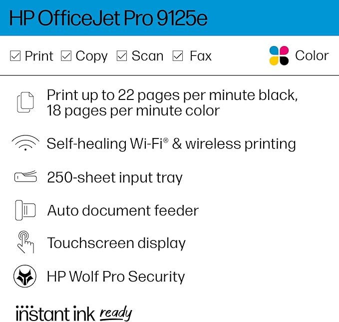 HP OfficeJet Pro 9125e All-in-One Printer, Color, Printer-for-Small Medium Business, Print, Copy, scan, fax,Touchscreen; Smart Advance Scan, 3 months of Instant Ink included