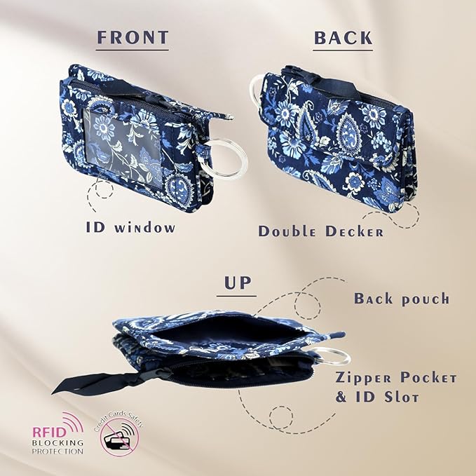 WONDERFUL FLOWER Card Holder, RFID Blocking, ID Holder with Lanyard for Women, Dual Pockets, Badge Holder, Lanyard Wallet, Fabric Keychain ID Pouch, Blue Paisley