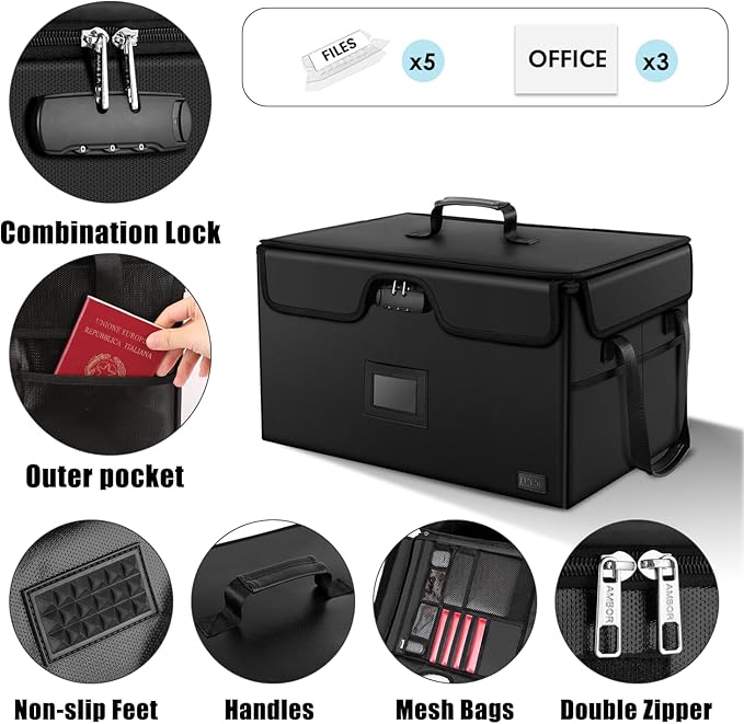 AMBOR Large File Box with Lock, Fireproof Document Box with 5 Tabs, Collapsible File Organizer with Handle for Home Office for Letter & Legal Folder/Certifications/Books Storage, Black