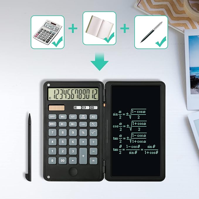 Calculator, 12-Digit Large Display Office Desk Calcultors with Erasable Writing Table, Solar and Battery Dual Power Pocket Desktop Calculator for Basic Financial Home School, Black
