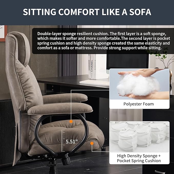 Office Chair Big and Tall, High Back Home Office Chair 400 lbs, Executive Office Chair with Ottoman, Ergonomic Office Chair with Padded Armrest, Swivel Computer Chair PU Leather (Grey)