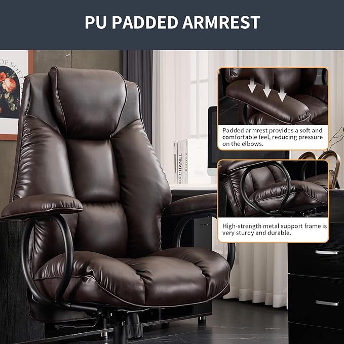 Office Chair Big and Tall, High Back Home Office Chair 400 lbs, Executive Chair, Desk Chair, Ergonomic Office Chair with Padded Armrest, Swivel Computer Chair PU Leather (Dark Brown)