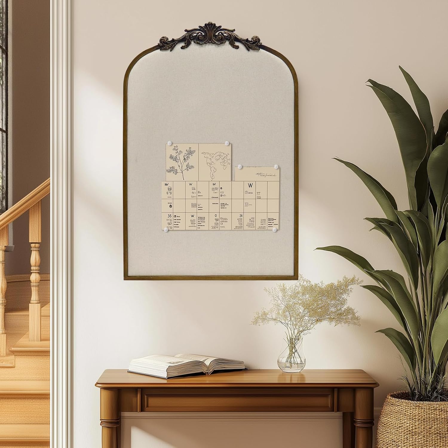 Arch Fabric Pinboard, Antique Gold Bulletin Boards 24"x36", Vintage Cork Board with Ornate Iron Frame for Wall Unique Display, Organization and Decor Options