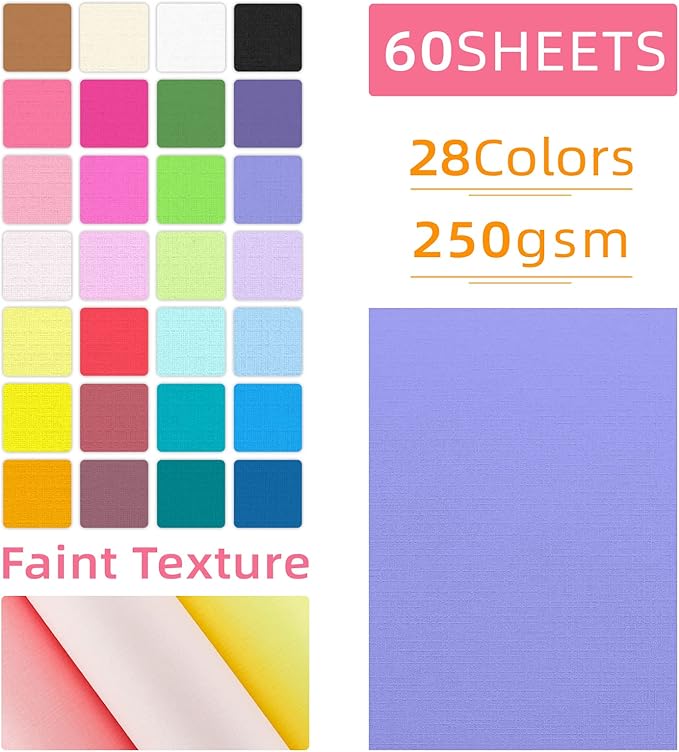 60 Sheets Textured Colorful Card Stock 28 Multicolor Cardstock 250 gsm Faint Texture, Single-Sided Printed Colored Paper for Card Making, Scrapbooking, Paper Craft