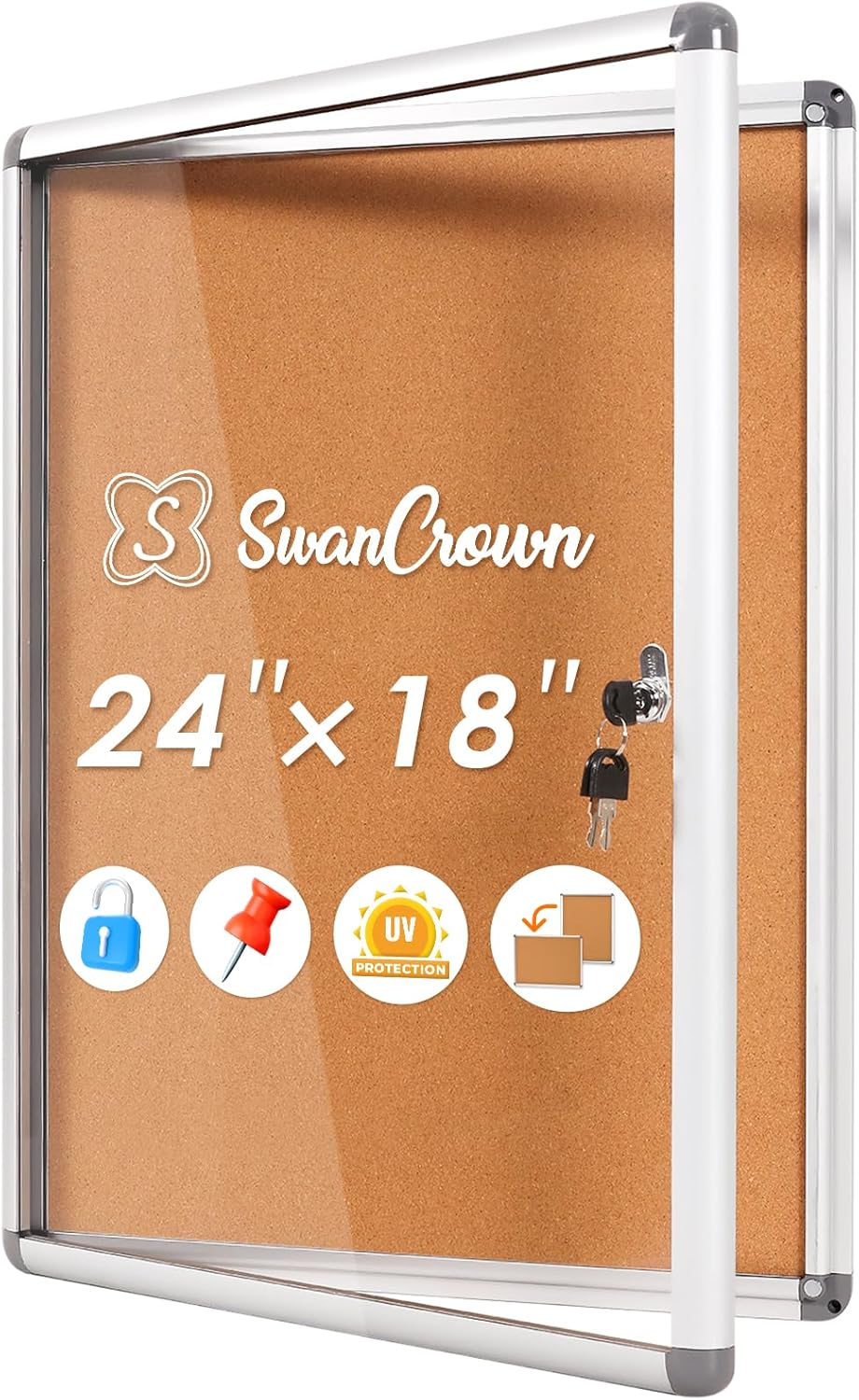 S SWANCROWN Enclosed Bulletin Board 24x18 in, Tamperproof Lockable Cork Board Wall Display Case for Office School Home, Aluminum Frame