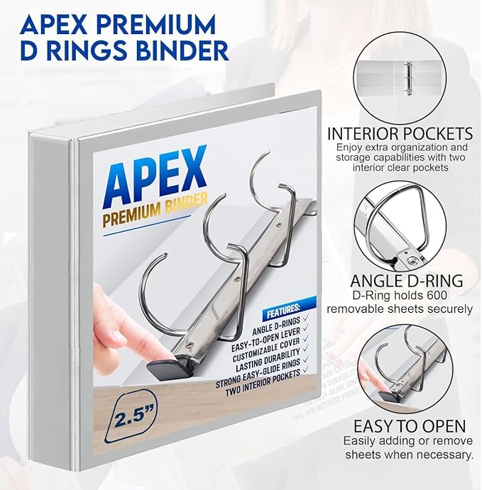 4 Pack of 2.5” Smooth Opening Angle D-Ring View White Binders, Professional Presentation Folder for Standard Pages with Inside Pockets, and Customizable Clear View Binder PVC-Free