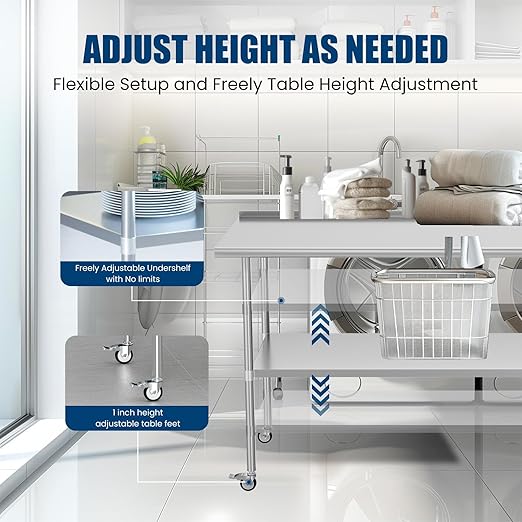 Stainless Steel Table with Wheels 24 x 60 Inches Metal Prep Table with Backsplash & Adjustable Undershelf for Commercial Kitchen, Outdoor, Restaurant, Hotel & Garage