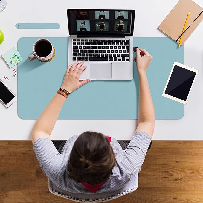 Boutilon Leather Desk Pad 30" x14",Non-Slip Mouse Pad,Office Desk Mat,Waterprooft PU Leather Desk Blotter,Desk Pad Protector,Desk Writing Pad for Home Office Decor (M-Light Blue)