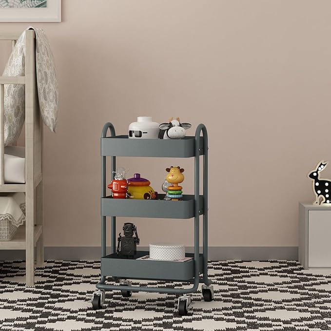 3-Tier Rolling Metal Storage Organizer,Mobile Utility Cart,Kitchen Storage Carts with Caster Wheels,Rolling Utility Cart Suitable for Office,Home,Kitchen,Garden（13.4"x18.1"x31"） Dark Grey