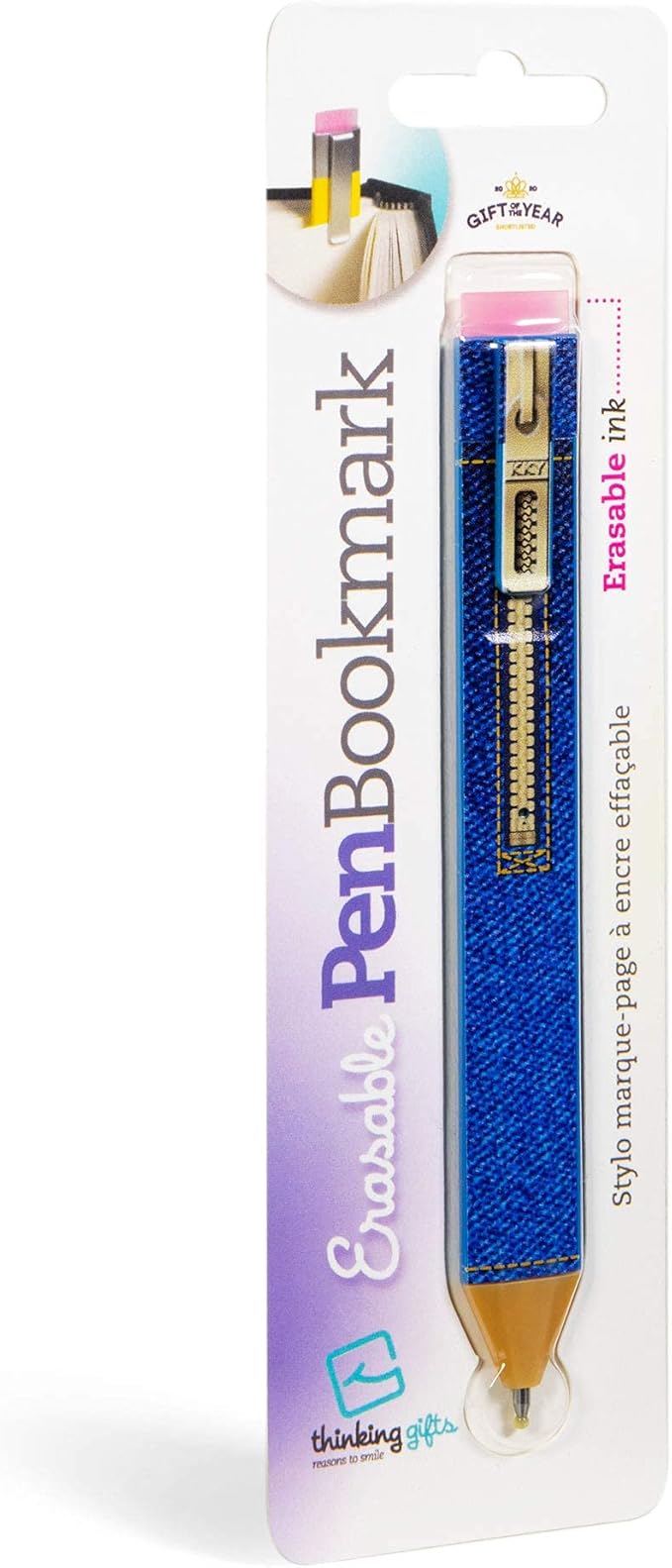 Pen Bookmark | Erasable Ballpoint Gel Pen and Bookmark 3-in-1 | Ink Novelty Pen with Eraser | Page Marker | Book Marker | Page Holder Clip | Stationery Gift Idea for Reader and Writer (Jeans)