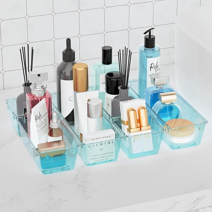 WOWBOX 9 Pack Clear Drawer Organizer Set, Acrylic Drawer Storage Trays, Storage Bins for Makeup, Cosmetics, Jewelries, Utensils, Gadgets, Office, Sea Blue