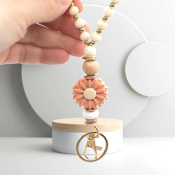 Wooden Teacher Lanyards for Id Badge Cute Flower Wood and Gold Beaded Lanyards for Women for Nurse Badge