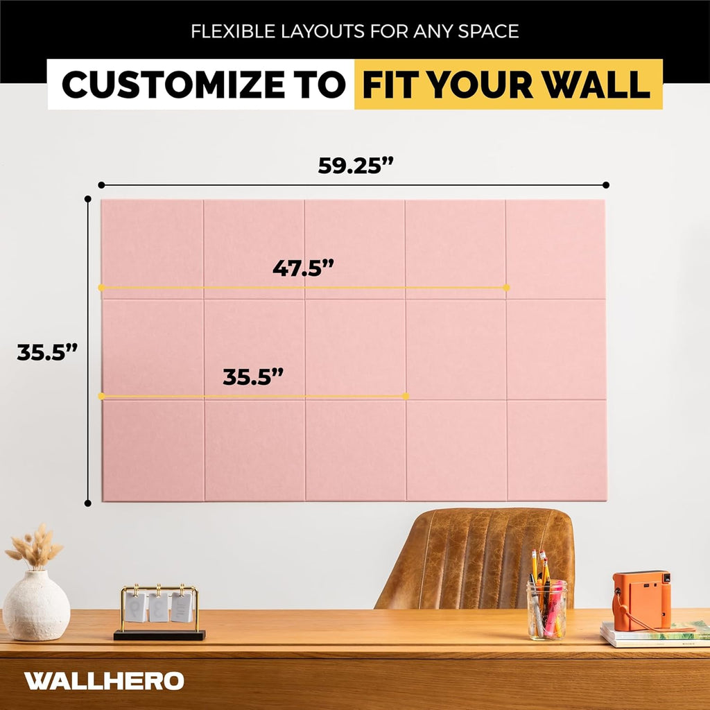 Cork Board for Office, 59" x 36" | 15 Pack | Cork Board Tiles, Large Vision Board, Wall Board, Large Corkboard, Cork Panel, Felt Wall Panels, Cork Panels, Corkboard Roll (Pink)