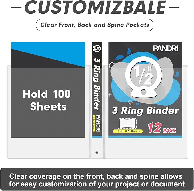 3 Ring Binder 0.5 Inch, PANDRI 12 Pack 0.5-Inch Binder Fits Letter Size 8.5'' x 11'' Paper, Versatile Binders for Office Home School, 2 Pockets, White