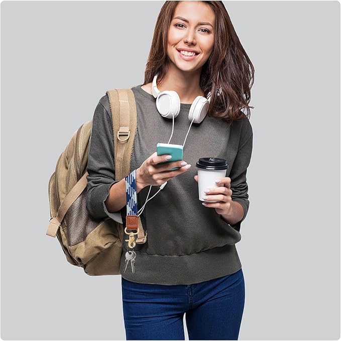 Fishent Stretchy Wristlet Keychain,Braided Cute Wrist Lanyards for Keys, Key Chain Holder for Women Men, Wrist Strap Keychain for Car Keys Phone Camera Wallet ID Badges Card (Blue-White)