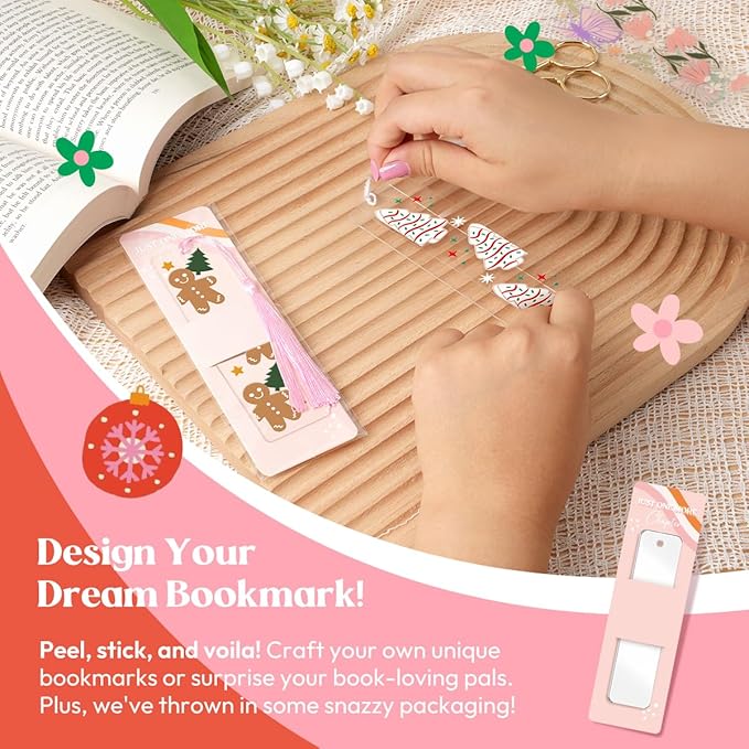 48PCS Bookmark Making Kit, 24 Acrylic Bookmark Blanks with 24Pcs Tassels, 24UV Stickers about Christmas Theme, DIY Blank Bookmarks Waterproof UV DTF Transfers Stickers for Clear Bookmarks DIY Projects