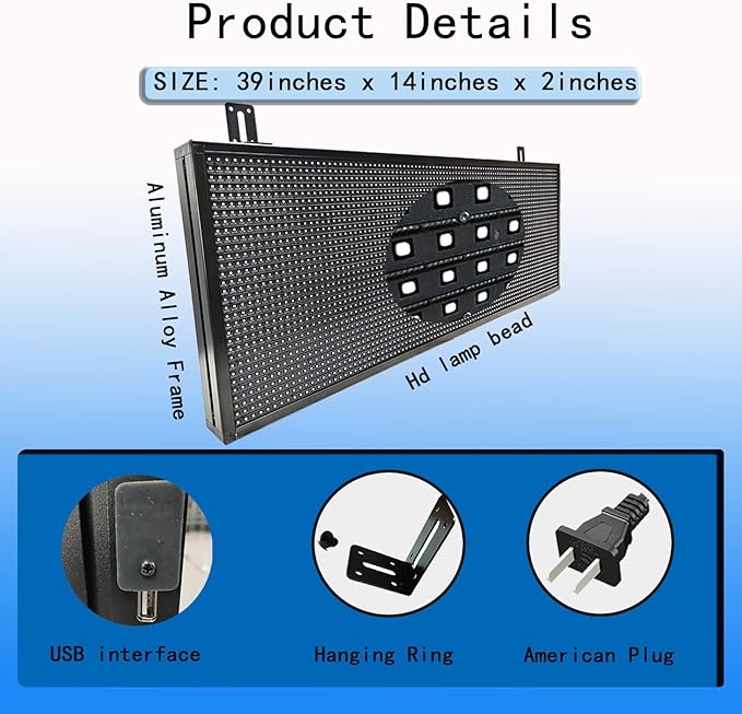 P10 Digital Scrolling Led Sign Board Programmable, Outdoor Waterproof Full Color High Brightness Wifi Control, for Business Store Restaurant Window 39''x14''