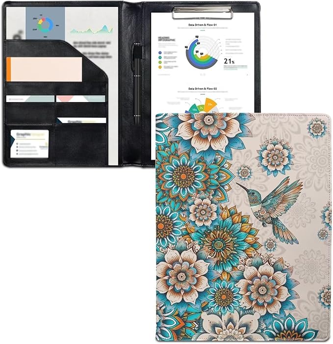Cozeyat Boho Floral PU Leather Padfolio for Women Hummingbird Conference Folder Portfolio Interview Resume Folder A4/Letter Size