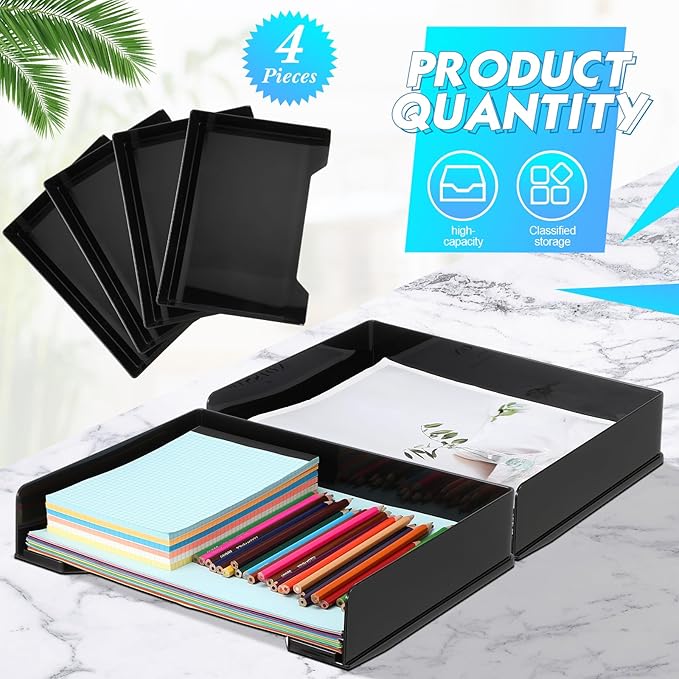 4 Pcs Stackable Letter Tray Rectangular Plastic Desk Organizer 13 x 9.5 x 2.6 in Paper Holder File Tray Accessories Rack for Desktop Office Desk Drawers (Black)